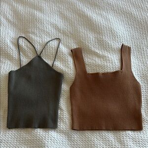 Women's Ribbed Knit Tank Tops - Green and Tan